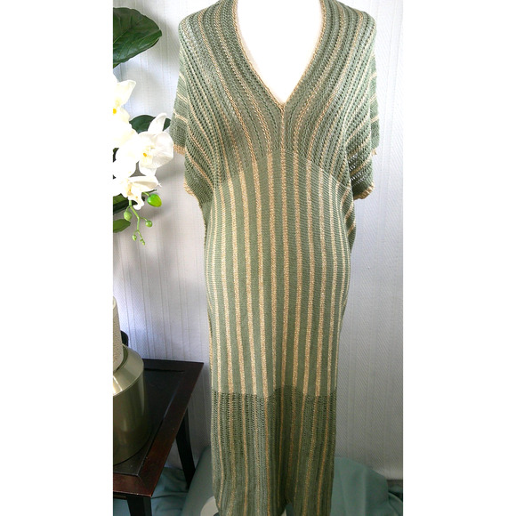 Floris Italian Sage Green Gold Metallic Striped V Neck Cover Up Dress M/L-NWT - Picture 1 of 9